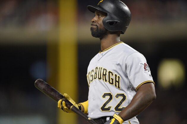 Pittsburgh Pirates' Andrew McCutchen looks on during a baseball game against the Washington Nationals, Friday, Sept. 29, 2017, in Washington. (AP Photo/Nick Wass)