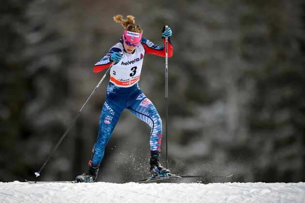 Third placed Jessica Diggins of the US competes the Women's 10 km pursuit free during the cross country FIS World cup Tour de Ski event on January 1, 2018 in Lenzerheide. / AFP PHOTO / Fabrice COFFRINI        (Photo credit should read FABRICE COFFRINI/AFP/Getty Images)