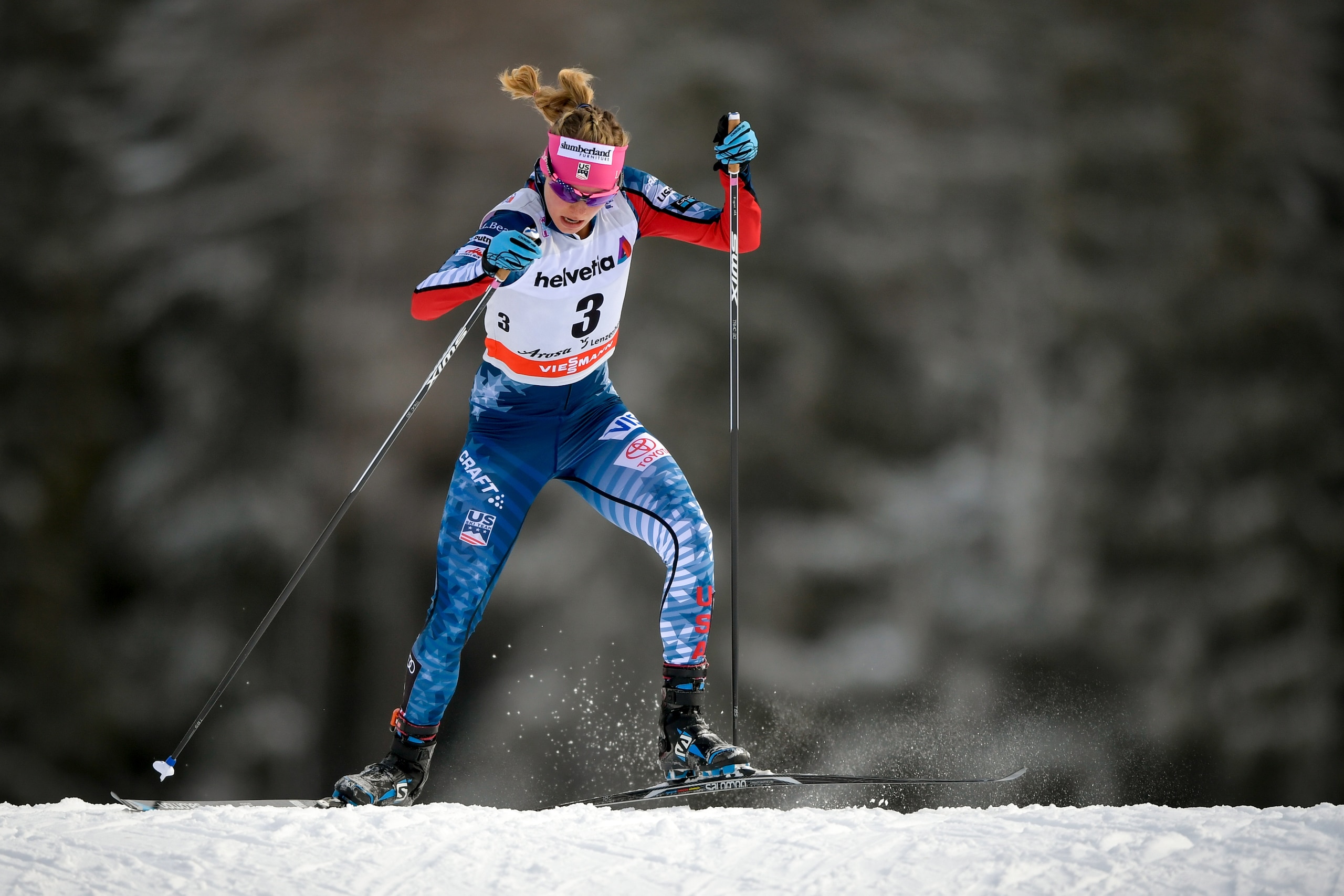 Third placed Jessica Diggins of the US competes the Women's 10 km pursuit free during the cross country FIS World cup Tour de Ski event on January 1, 2018 in Lenzerheide. / AFP PHOTO / Fabrice COFFRINI        (Photo credit should read FABRICE COFFRINI/AFP/Getty Images)