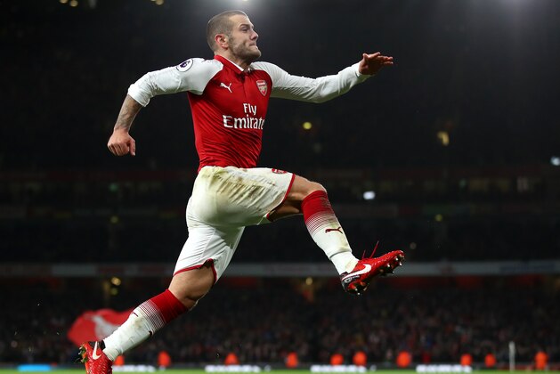 LONDON, ENGLAND - JANUARY 03:  Jack Wilshire of Arsenal celebrates scoring his teams first goal during the Premier League match between Arsenal and Chelsea at Emirates Stadium on January 3, 2018 in London, England.  (Photo by Julian Finney/Getty Images)