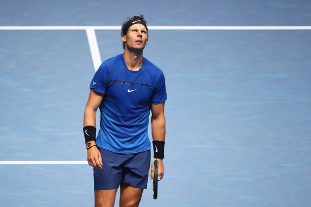 LONDON, ENGLAND - NOVEMBER 13:  Rafael Nadal of Spain reacts in his Singles match against David Goffin of Belgium during day two of the Nitto ATP World Tour Finals at O2 Arena on November 13, 2017 in London, England.  (Photo by Clive Brunskill/Getty Images)