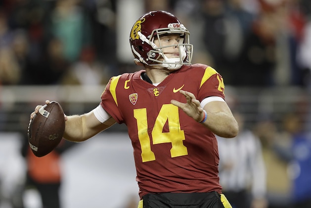 Southern California quarterback Sam Darnold (14) passes against Stanford during the second half of the Pac-12 Conference championship NCAA college football game in Santa Clara, Calif., Friday, Dec. 1, 2017. (AP Photo/Marcio Jose Sanchez)