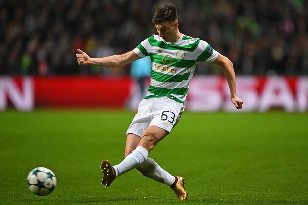 Celtic's Scottish defender Kieran Tierney passes the ball during the UEFA Champions League Group B football match between Celtic and Anderlecht at Celtic Park stadium in Glasgow, Scotland on December 5, 2017. / AFP PHOTO / Andy BUCHANAN        (Photo credit should read ANDY BUCHANAN/AFP/Getty Images)