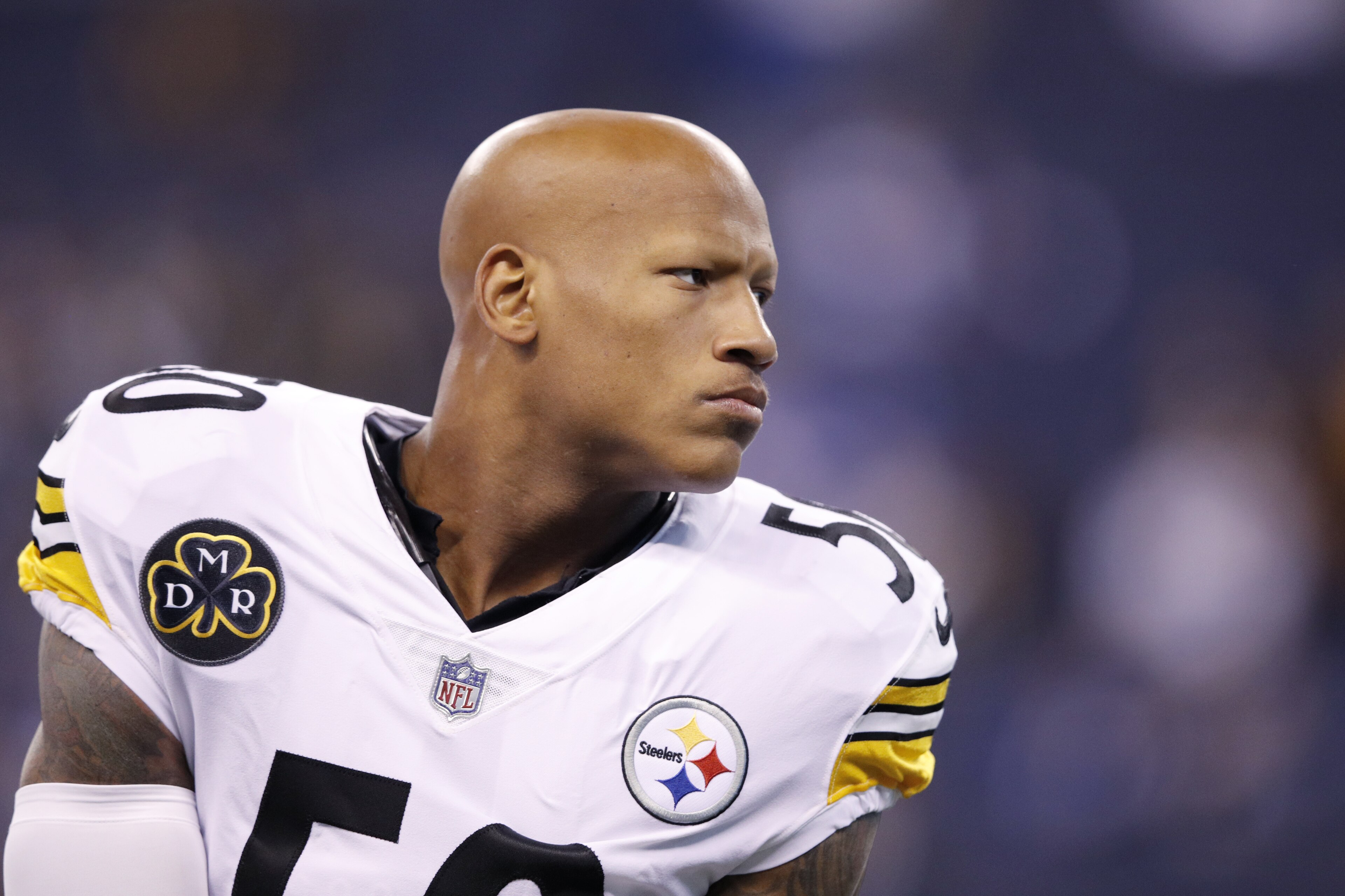 INDIANAPOLIS, IN - NOVEMBER 12: Ryan Shazier #50 of the Pittsburgh Steelers looks on during a game against the Indianapolis Colts at Lucas Oil Stadium on November 12, 2017 in Indianapolis, Indiana. The Steelers won 20-17. (Photo by Joe Robbins/Getty Images)