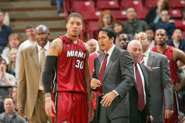 SACRAMENTO, CA - JANUARY 9:  Michael Beasley #30 of the Miami Heat listens to head coach Erik Spoelstra against the Sacramento Kings during the game on January 9, 2009 at Arco Arena in Sacramento, California.  The Heat won in overtime 119-115.   NOTE TO USER: User expressly acknowledges and agrees that, by downloading and/or using this Photograph, user is consenting to the terms and conditions of the Getty Images License Agreement. Mandatory Copyright Notice: Copyright 2009 NBAE (Photo by Rocky Widner/NBAE via Getty Images)