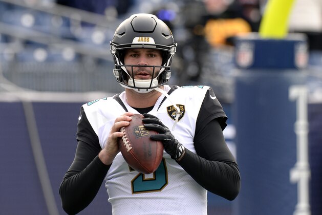 Jacksonville Jaguars quarterback Blake Bortles warms up before an NFL football game against the Tennessee Titans Sunday, Dec. 31, 2017, in Nashville, Tenn. (AP Photo/Mark Zaleski)