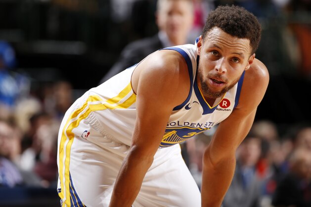DALLAS, TX - JANUARY 3: Stephen Curry #30 of the Golden State Warriors looks on during the game against the Dallas Mavericks on January 3, 2018 at the American Airlines Center in Dallas, Texas. NOTE TO USER: User expressly acknowledges and agrees that, by downloading and or using this photograph, User is consenting to the terms and conditions of the Getty Images License Agreement. Mandatory Copyright Notice: Copyright 2018 NBAE (Photo by Glenn James/NBAE via Getty Images)