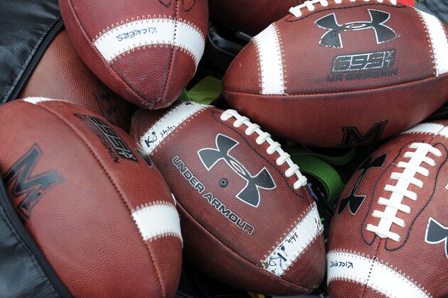 COLLEGE PARK, MD - SEPTEMBER 03:   Under Armour footballs on the field before the game between the Maryland Terrapins and the Howard Bison at Maryland Stadium on September 3, 2016 in College Park, Maryland.  (Photo by G Fiume/Maryland Terrapins/Getty Images) *** Local Caption ***