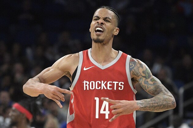 Houston Rockets guard Gerald Green (14) celebrates after scoring a 3-point basket during the second half of an NBA basketball game against the Orlando Magic, Wednesday, Jan. 3, 2018, in Orlando, Fla. The Rockets won 116-98. (AP Photo/Phelan M. Ebenhack)