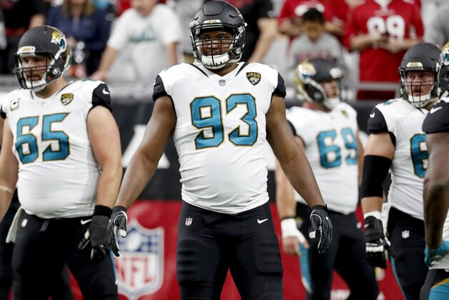 Jacksonville Jaguars defensive end Calais Campbell (93) warms up prior to an NFL football game against the Arizona Cardinals, Sunday, Nov. 26, 2017, in Glendale, Ariz. (AP Photo/Rick Scuteri)