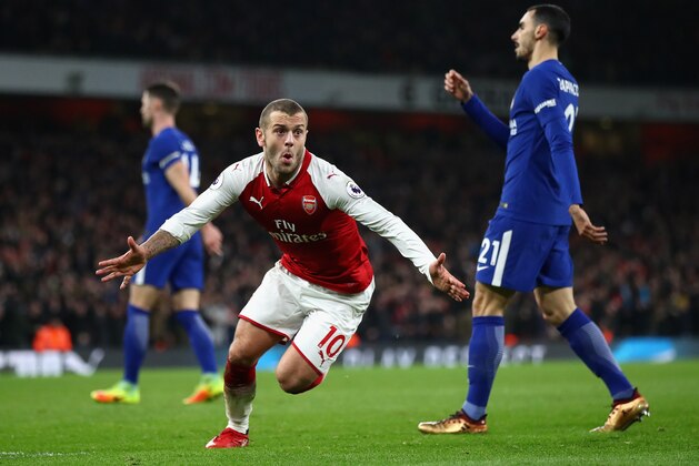 LONDON, ENGLAND - JANUARY 03:  Jack Wilshire of Arsenal celebrates scoring his teams first goal during the Premier League match between Arsenal and Chelsea at Emirates Stadium on January 3, 2018 in London, England.  (Photo by Julian Finney/Getty Images)