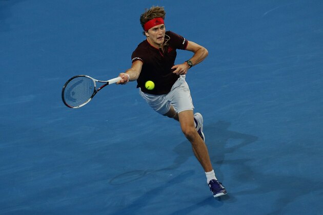 PERTH, AUSTRALIA - JANUARY 05: Alexander Zverev of Germany plays a forehand to Thanasi Kokkinakis of Australia in the mens singles match on Day Seven of the 2018 Hopman Cup at Perth Arena on January 5, 2018 in Perth, Australia.  (Photo by Will Russell/Getty Images)
