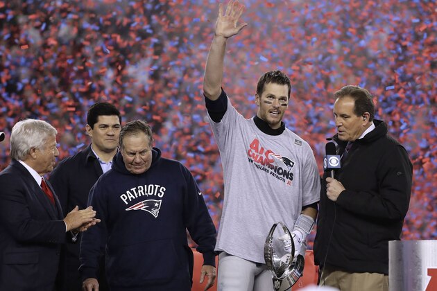 CBS announcer Jim Nantz, right, interviews New England Patriots quarterback Tom Brady, second from right holding the AFC championship trophy, beside team owner Robert Kraft, left, honorary captain Tedy Bruschi, second from left, and head coach Bill Belichick after the AFC championship NFL football game, Sunday, Jan. 22, 2017, in Foxborough, Mass. The Patriots defeated the the Pittsburgh Steelers 36-17 to advance to the Super Bowl. (AP Photo/Matt Slocum) CBS announcer Jim Nantz, right, interviews New England Patriots quarterback Tom Brady, second from right holding the AFC championship trophy, beside team owner Robert Kraft, left, honorary captain Tedy Bruschi, second from left, and head coach Bill Belichick after the AFC championship NFL football game, Sunday, Jan. 22, 2017, in Foxborough, Mass. The Patriots defeated the the Pittsburgh Steelers 36-17 to advance to the Super Bowl. (AP Photo/Matt Slocum)