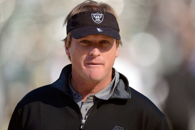 OAKLAND, CA - NOVEMBER 18:  Former head coach of the Oakland Raiders and now ESPN Monday Night Football Analyst Jon Gruden looks on during pre-game warm ups before an NFL football game between the New Orleans Saints and Oakland Raiders at O.co Coliseum on November 18, 2012 in Oakland, California.  (Photo by Thearon W. Henderson/Getty Images)