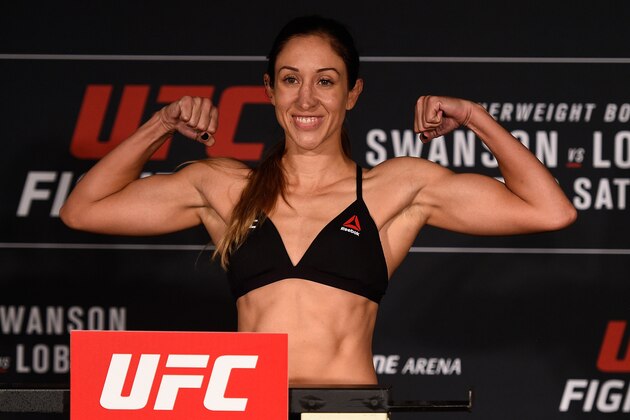 NASHVILLE, TN - APRIL 21:  Jessica Penne poses on the scale during the UFC Fight Night weigh-in at the Sheraton Music City Hotel on April 21, 2017 in Nashville, Tennessee. (Photo by Jeff Bottari/Zuffa LLC/Zuffa LLC via Getty Images)
