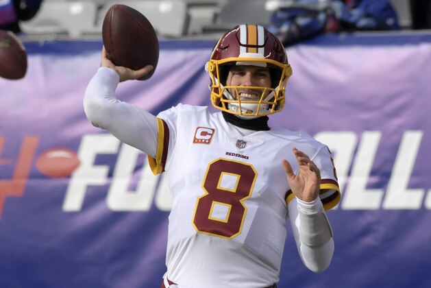 Washington Redskins quarterback Kirk Cousins (8) warms up before an NFL football game against the New York Giants Sunday, Dec. 31, 2017, in East Rutherford, N.J. (AP Photo/Bill Kostroun)