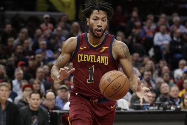 Cleveland Cavaliers' Derrick Rose drives downcourt in the first half of an NBA basketball game against the Indiana Pacers, Wednesday, Nov. 1, 2017, in Cleveland. (AP Photo/Tony Dejak)