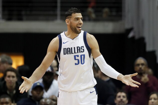 Dallas Mavericks' Salah Mejri, of Tunisia, reacts after being called for technical foul in the third quarter of an NBA basketball game against the Atlanta Hawks in Atlanta, Saturday, Dec. 23, 2017. (AP Photo/David Goldman)