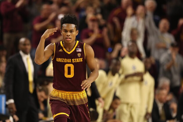 TEMPE, AZ - DECEMBER 17:  Tra Holder #0 of the Arizona State Sun Devils reacts after scoring during the final moments of the first half of the college basketball game against the Vanderbilt Commodores at Wells Fargo Arena on December 17, 2017 in Tempe, Arizona. The Sun Devils defeated the Commodores 76-64.  (Photo by Christian Petersen/Getty Images)