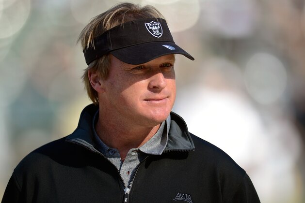 OAKLAND, CA - NOVEMBER 18:  Former head coach of the Oakland Raiders and now ESPN Monday Night Football Analyst Jon Gruden looks on during pre-game warm ups before an NFL football game between the New Orleans Saints and Oakland Raiders at O.co Coliseum on November 18, 2012 in Oakland, California.  (Photo by Thearon W. Henderson/Getty Images)
