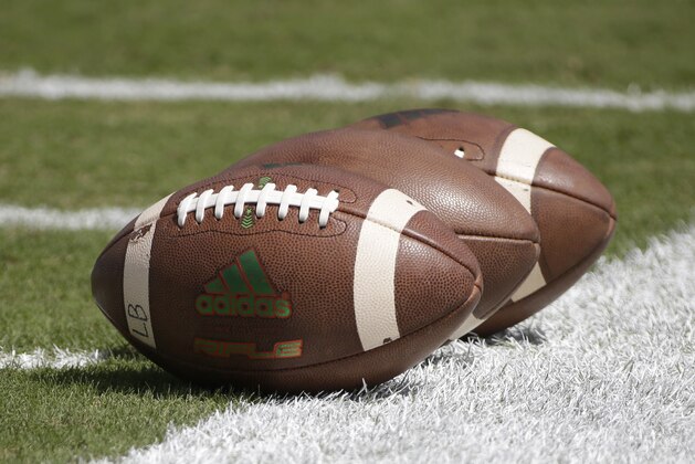 Footballs are shown before the start of an NCAA college football game between Miami and Nebraska, Saturday, Sept. 19, 2015 in Miami Gardens, Fla. (AP Photo/Wilfredo Lee)