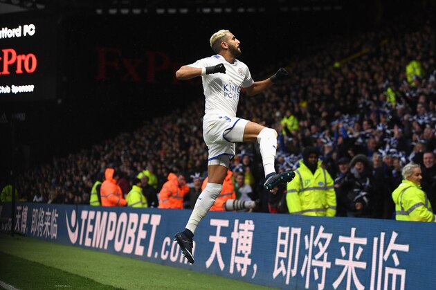 WATFORD, ENGLAND - DECEMBER 26:  Riyad Mahrez of Leicester City celebrates scoring the opening goal during the Premier League match between Watford and Leicester City at Vicarage Road on December 26, 2017 in Watford, England.  (Photo by Michael Regan/Getty Images)