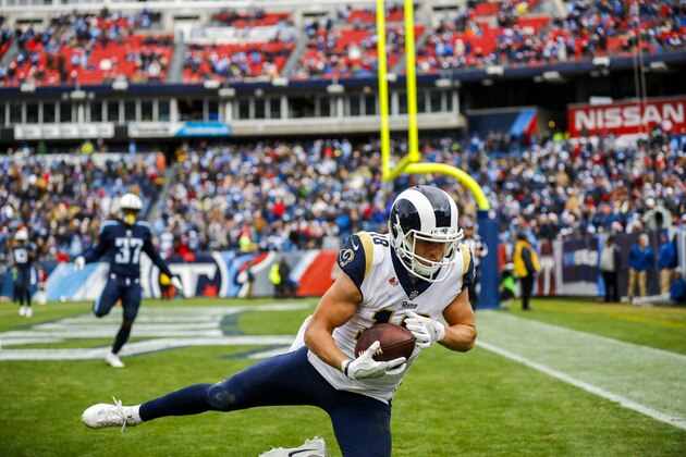NASHVILLE, TN - DECEMBER 24: Wide Receiver Cooper Kupp  #18 of the Los Angeles Rams makes a catch for a touchdown against the Tennessee Titans at Nissan Stadium on December 24, 2017 in Nashville, Tennessee. (Photo by Wesley Hitt/Getty Images)