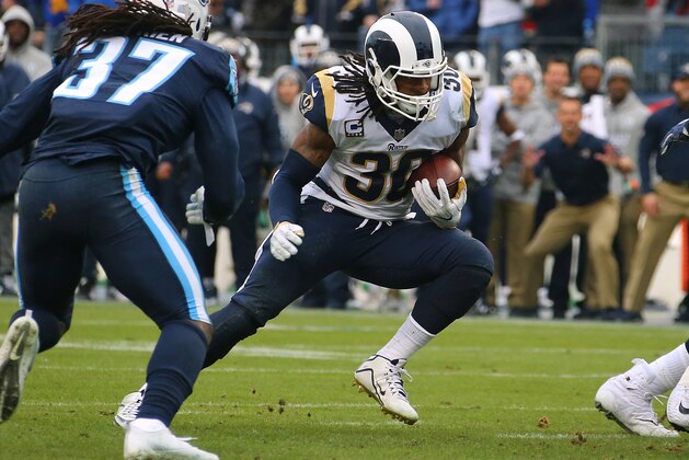 NASHVILLE, TN - DECEMBER 24:  Todd Gurley II #30 of the Los Angeles Rams plays against the Tennessee Titans at Nissan Stadium on December 24, 2017 in Nashville, Tennessee.  (Photo by Frederick Breedon/Getty Images)