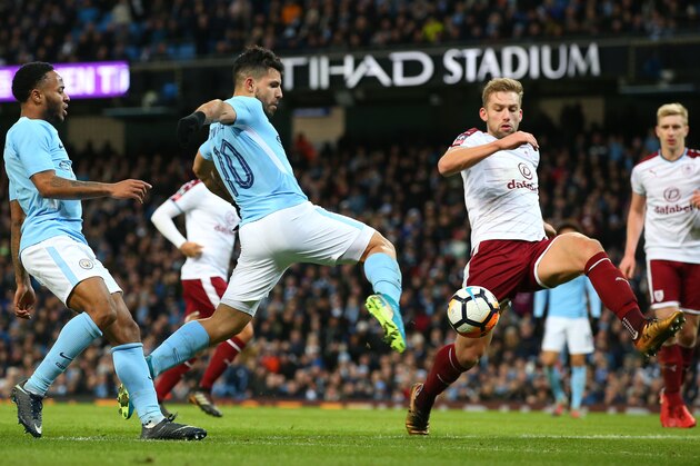 MANCHESTER, ENGLAND - JANUARY 06:  Sergio Aguero of Manchester City shoots during the The Emirates FA Cup Third Round match between Manchester City and Burnley at Etihad Stadium on January 6, 2018 in Manchester, England.  (Photo by Alex Livesey/Getty Images)
