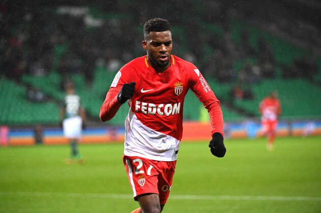 Monacos French midfielder Thomas Lemar (C) celebrates after scoring a goal during the French L1 football match between Saint-Etienne (ASSE) and Monaco (ASM) on December 15, 2017, at the Geoffroy Guichard stadium in Saint-Etienne, central-eastern France.  / AFP PHOTO / ROMAIN LAFABREGUE        (Photo credit should read ROMAIN LAFABREGUE/AFP/Getty Images)