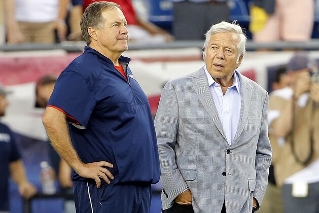 New England Patriots owner Robert Kraft and head coach Bill Belichick look on before their NFL football game against the New York Giants Thursday, Sept. 3, 2015, in Foxborough, Mass. (AP Photo/Winslow Townson)
