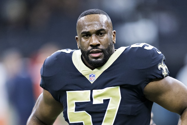 NEW ORLEANS, LA - NOVEMBER 5:  Alex Okafor #57 of the New Orleans Saints warming up before a game against the Tampa Bay Buccaneers at Mercedes-Benz Superdome on November 5, 2017 in New Orleans, Louisiana.  The Saints defeated the Buccaneers 30-10. (Photo by Wesley Hitt/Getty Images)