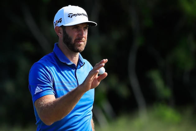 LAHAINA, HI - JANUARY 05:  Dustin Johnson of the United States reacts on the sixth green during the second round of the Sentry Tournament of Champions at Plantation Course at Kapalua Golf Club on January 5, 2018 in Lahaina, Hawaii.  (Photo by Cliff Hawkins/Getty Images)