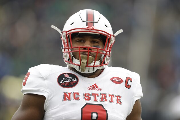 North Carolina State's Bradley Chubb warms up for an NCAA college football game against Notre Dame, Saturday, Oct. 28, 2017, in South Bend, Ind. (AP Photo/Darron Cummings)