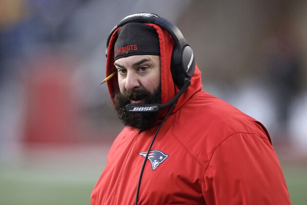 New England Patriots defensive coordinator Matt Patricia watches from the sideline during the second half of an NFL football game against the New York Jets, Sunday, Dec. 31, 2017, in Foxborough, Mass. (AP Photo/Charles Krupa)