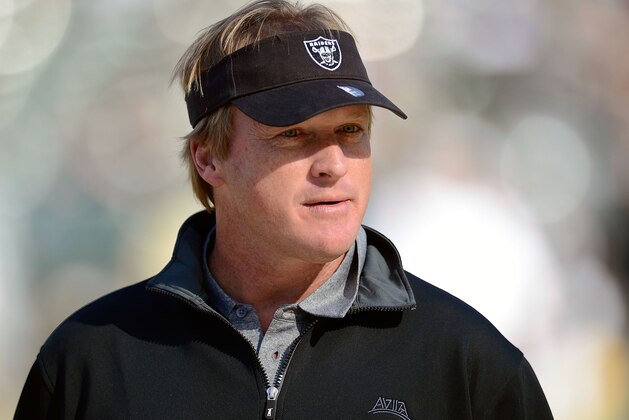 OAKLAND, CA - NOVEMBER 18: Former head coach of the Oakland Raiders and now ESPN Monday Night Football Analyst Jon Gruden looks on during pre-game warm ups before an NFL football game between the New Orleans Saints and Oakland Raiders at O.co Coliseum on November 18, 2012 in Oakland, California. (Photo by Thearon W. Henderson/Getty Images) OAKLAND, CA - NOVEMBER 18: Former head coach of the Oakland Raiders and now ESPN Monday Night Football Analyst Jon Gruden looks on during pre-game warm ups before an NFL football game between the New Orleans Saints and Oakland Raiders at O.co Coliseum on November 18, 2012 in Oakland, California. (Photo by Thearon W. Henderson/Getty Images)
