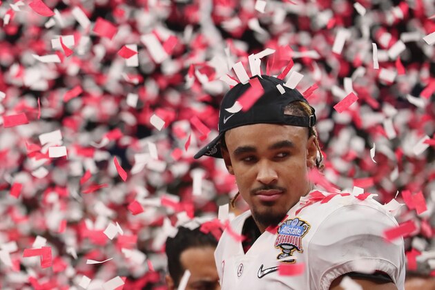 NEW ORLEANS, LA - JANUARY 01:  Jalen Hurts #2 of the Alabama Crimson Tide celebrtes after winning the AllState Sugar Bowl against the Clemson Tigers at the Mercedes-Benz Superdome on January 1, 2018 in New Orleans, Louisiana.  (Photo by Tom Pennington/Getty Images)