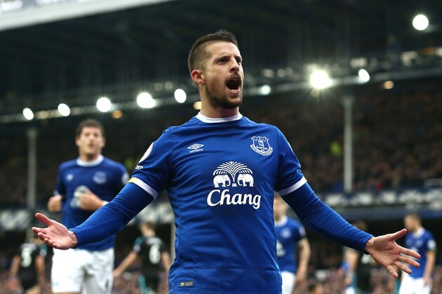 LIVERPOOL, ENGLAND - MARCH 11:  Kevin Mirallas of Everton celebrates scoring his sides first goal during the Premier League match between Everton and West Bromwich Albion at Goodison Park on March 11, 2017 in Liverpool, England.  (Photo by Jan Kruger/Getty Images)