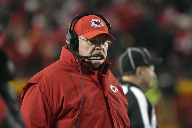 Kansas City Chiefs head coach Andy Reid follows the second half of an NFL wild-card playoff football game against the Tennessee Titans, in Kansas City, Mo., Saturday, Jan. 6, 2018. (AP Photo/Ed Zurga)