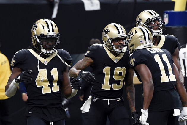 New Orleans Saints wide receiver Ted Ginn (19) celebrates his touchdown reception with wide receiver Tommylee Lewis (11) and running back Alvin Kamara (41) in the first half of an NFL football game against the Atlanta Falcons in New Orleans, Sunday, Dec. 24, 2017. (AP Photo/Bill Feig)