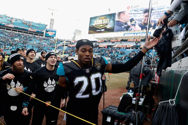 JACKSONVILLE, FL - JANUARY 07:  Cornerback Jalen Ramsey #20 of the Jacksonville Jaguars celebrates following the Jaguars 10-3 win over the Buffalo Bills during the AFC Wild Card Playoff game at EverBank Field on January 7, 2018 in Jacksonville, Florida.  (Photo by Scott Halleran/Getty Images)