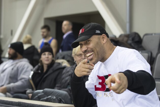 The father of American basketball players LiAngelo and LaMelo,  LaVar Ball reacts during the training session at the BC Prienai-Birstonas Vytautas arena in Prienai, Lithuania, Friday, Jan. 5, 2018. LiAngelo Ball and LaMelo Ball have signed a one-year contract to play for Lithuanian professional basketball club Prienai - Birstonas Vytautas, in the southern Lithuania town of Prienai, some 110 km (68 miles) from the Lithuanian capital Vilnius.(AP Photo/Mindaugas Kulbis)