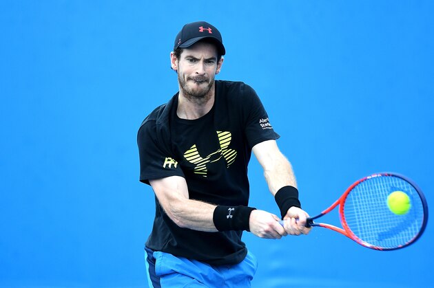 BRISBANE, AUSTRALIA - DECEMBER 31:  Andy Murray of Great Britain plays a backhand in a warm-up session during day one at the 2018 Brisbane International at Pat Rafter Arena on December 31, 2017 in Brisbane, Australia.  (Photo by Bradley Kanaris/Getty Images)