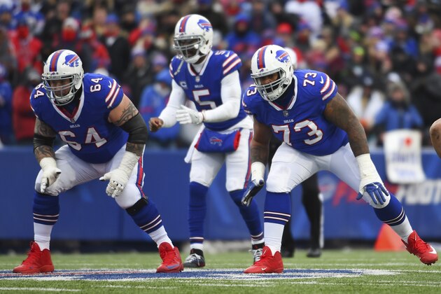 Buffalo Bills offensive guard Richie Incognito (64) and offensive tackle Dion Dawkins (73) in action against the Miami Dolphins during the second half of an NFL football game Sunday, Dec. 17, 2017, in Orchard Park, N.Y. The Bills won 24-16. (AP Photo/Rich Barnes)