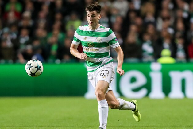GLASGOW, SCOTLAND - OCTOBER 31: Kieran Tierney of Celtic controls the ball during the UEFA Champions League group B match between Celtic FC and Bayern Muenchen at Celtic Park on October 31, 2017 in Glasgow, United Kingdom. (Photo by TF-Images/TF-Images via Getty Images)