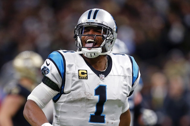 Carolina Panthers quarterback Cam Newton (1) reacts after throwing a touchdown pass in the second half of an NFL football game against the New Orleans Saints in New Orleans, Sunday, Jan. 7, 2018. (AP Photo/Butch Dill)