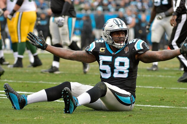 CHARLOTTE, NC - DECEMBER 17:  Thomas Davis #58 of the Carolina Panthers reacts after a play against the Green Bay Packers in the fourth quarter during their game at Bank of America Stadium on December 17, 2017 in Charlotte, North Carolina.  (Photo by Grant Halverson/Getty Images)