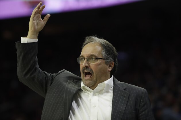 Detroit Pistons' Stan Van Gundy in action during an NBA basketball game against the Philadelphia 76ers, Friday, Jan. 5, 2018, in Philadelphia. (AP Photo/Matt Slocum)