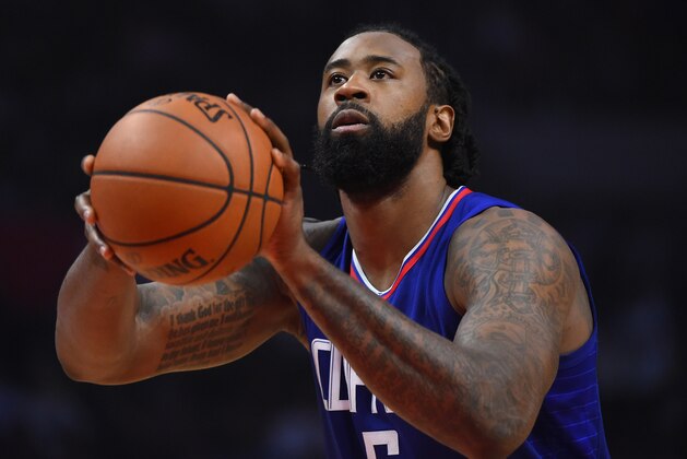 LOS ANGELES, CA - JANUARY 06:  DeAndre Jordan #6 of the Los Angeles Clippers shoots a free throw in the game against the Golden State Warriors on January 6, 2018 in Los Angeles, California. NOTE TO USER: User expressly acknowledges and agrees that, by downloading and or using this photograph, User is consenting to the terms and conditions of the Getty Images License Agreement.  (Photo by Jayne Kamin-Oncea/Getty Images)