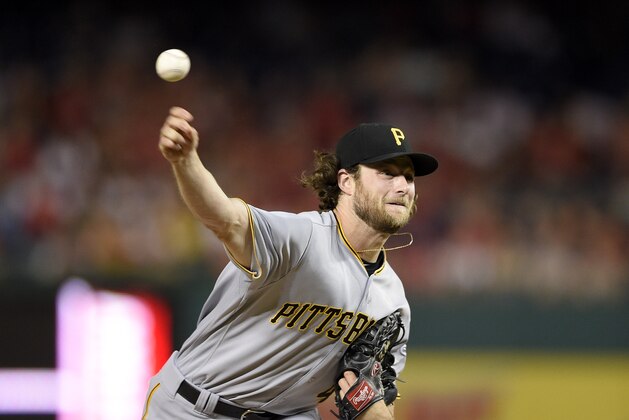 Pittsburgh Pirates starting pitcher Gerrit Cole (45) delivers a pitch during a baseball game against the Washington Nationals, Friday, Sept. 29, 2017, in Washington. (AP Photo/Nick Wass)
